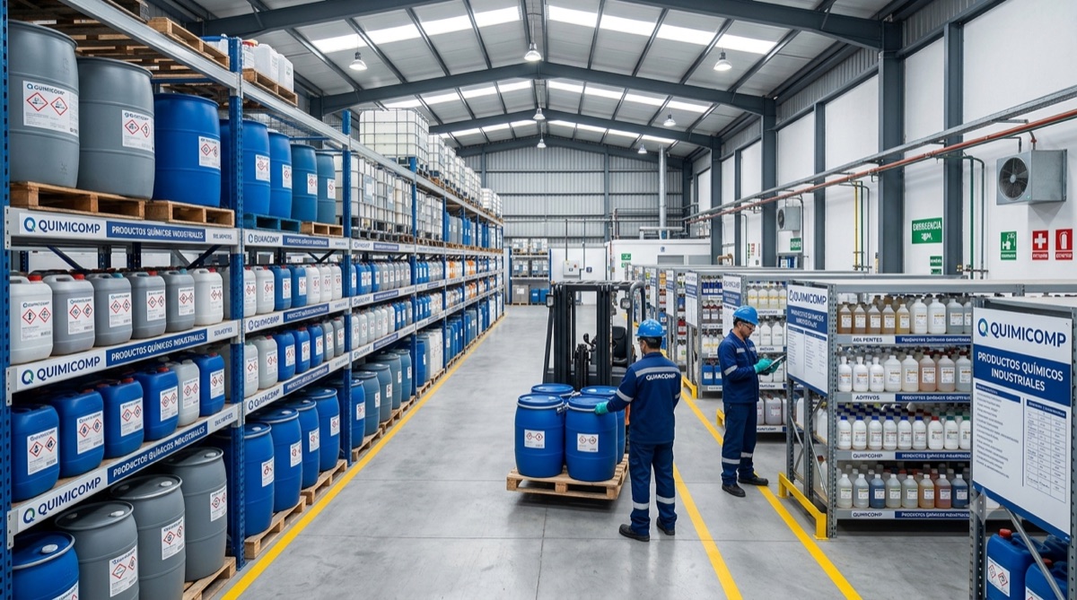 Almacén de productos químicos industriales con estantería etiquetada y personal de QuimiComp, en Jalisco